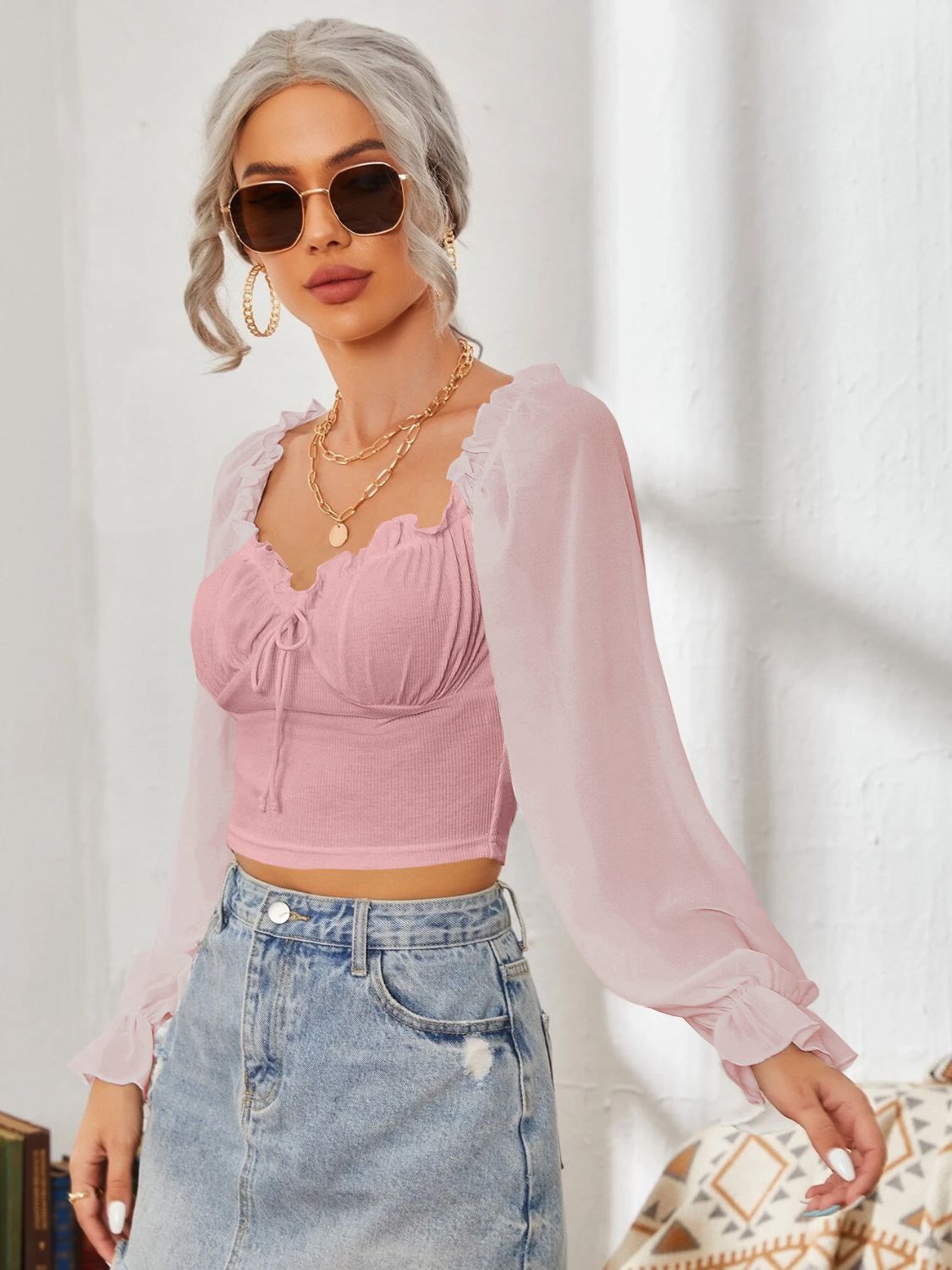 Mesh Sweetheart Neck Flounce Sleeve Top - The Goddess Galleries