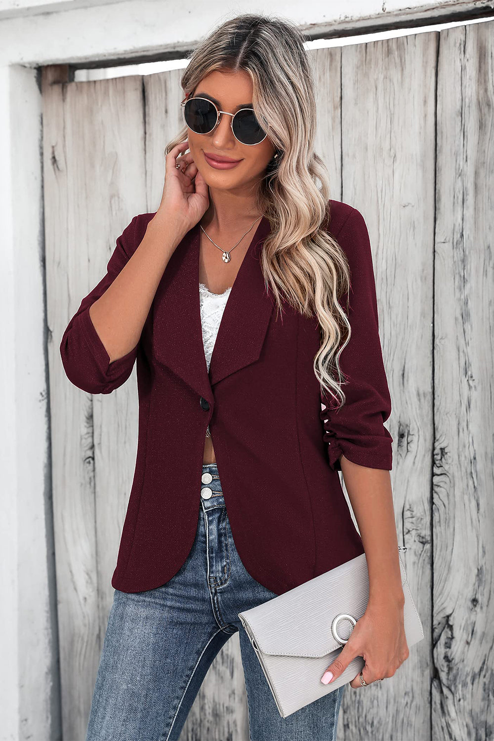 One Button Collared Neck Ruched Sleeve Blazer - The Goddess Galleries