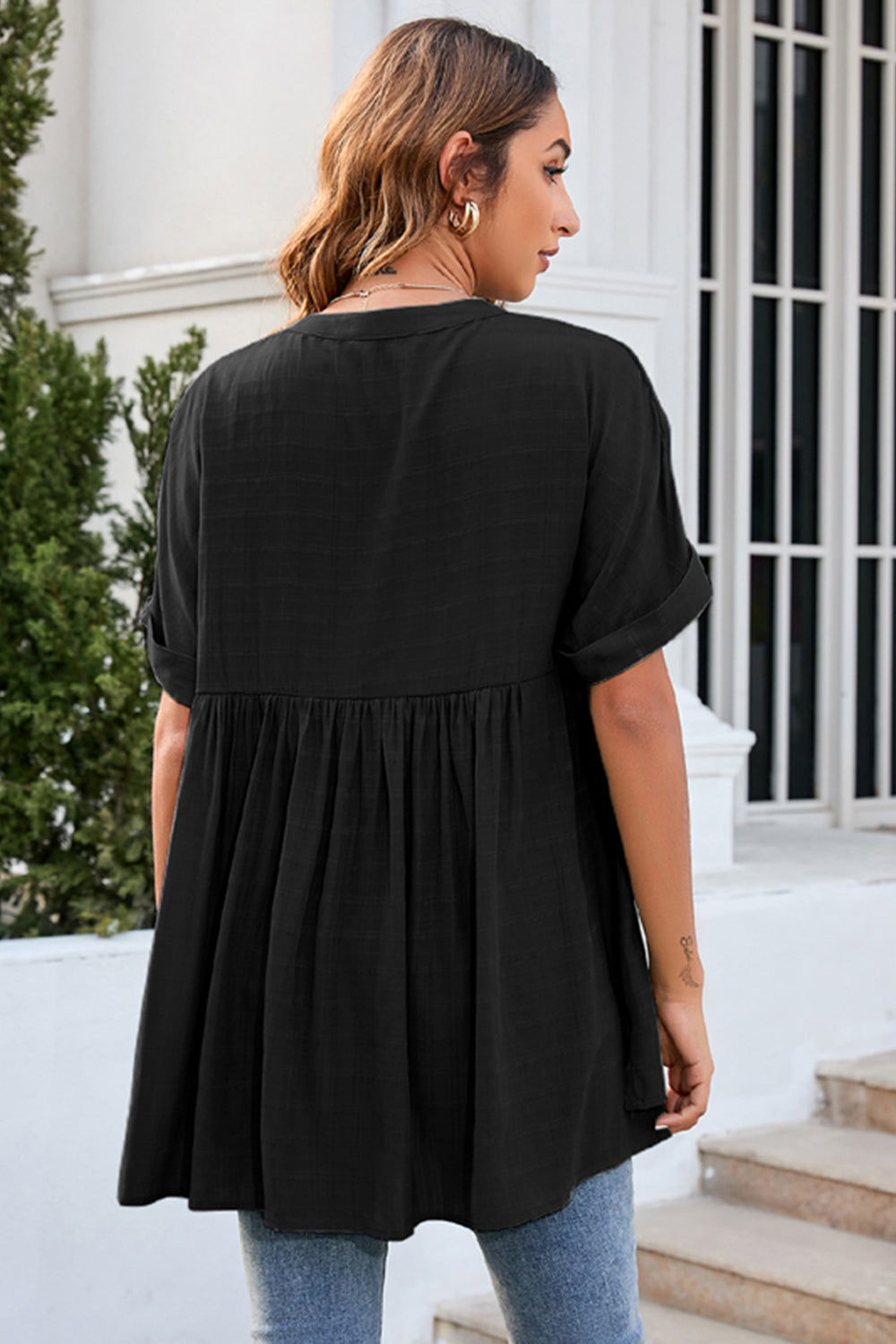 Ruched Notched Short Sleeve Blouse - The Goddess Galleries