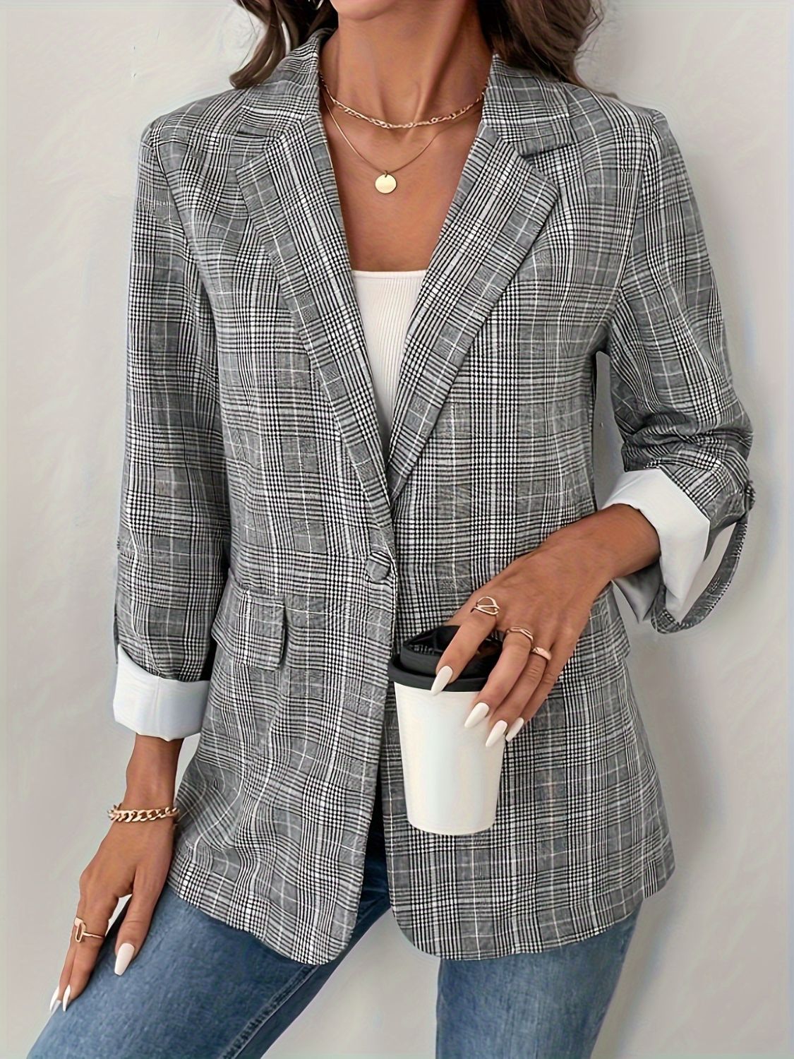 Single-Breasted Lapel Collar Plaid Blazer - The Goddess Galleries