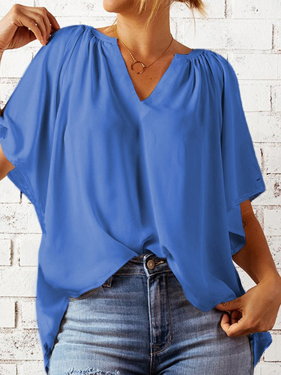 Ruched Notched Half Sleeve Blouse - The Goddess Galleries