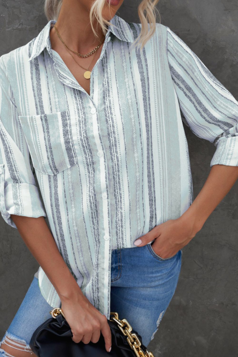 Striped Collared Neck Long Sleeve Shirt - The Goddess Galleries