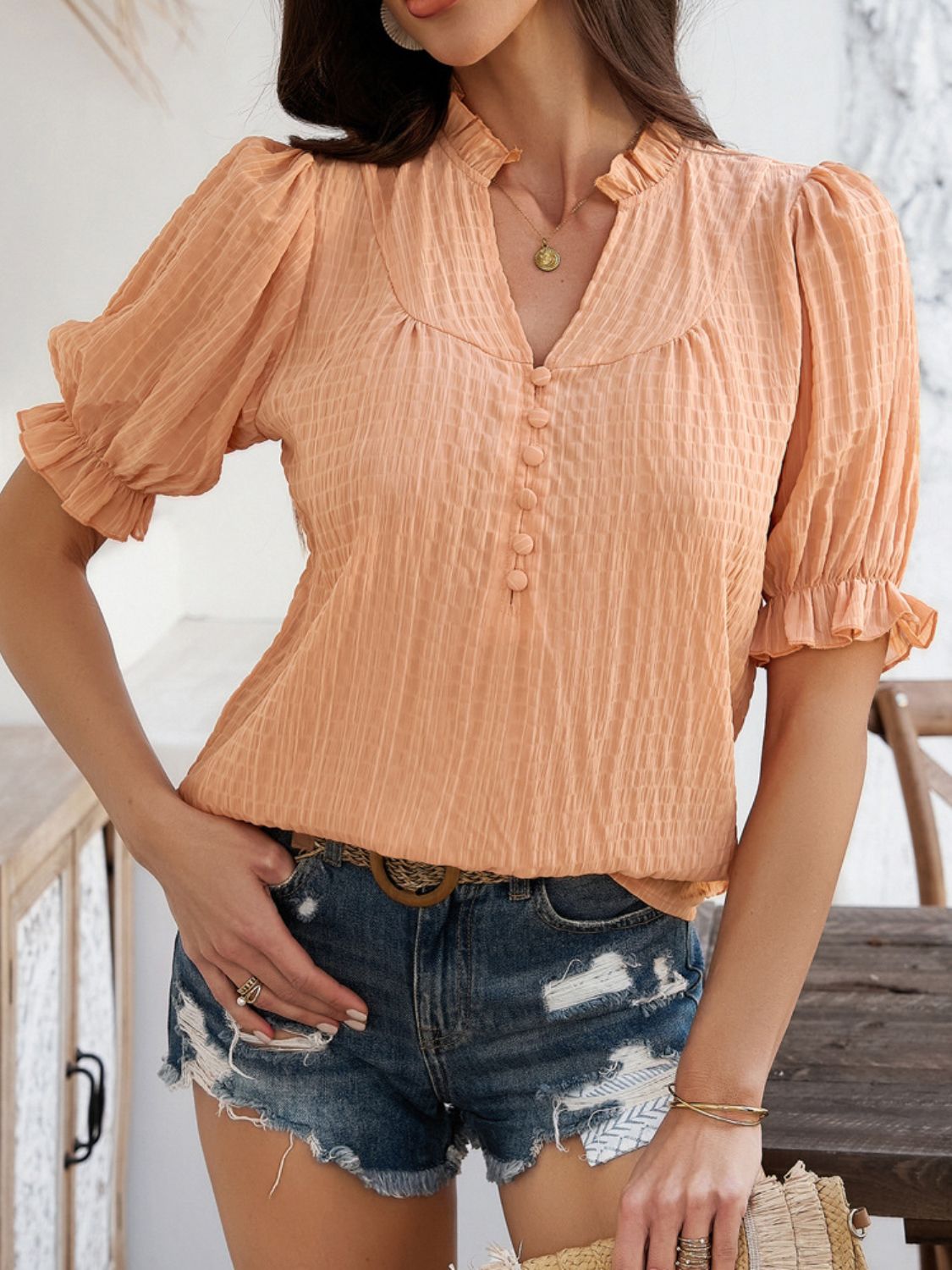 Devine Frill Notched Short Sleeve Blouse - The Goddess Galleries