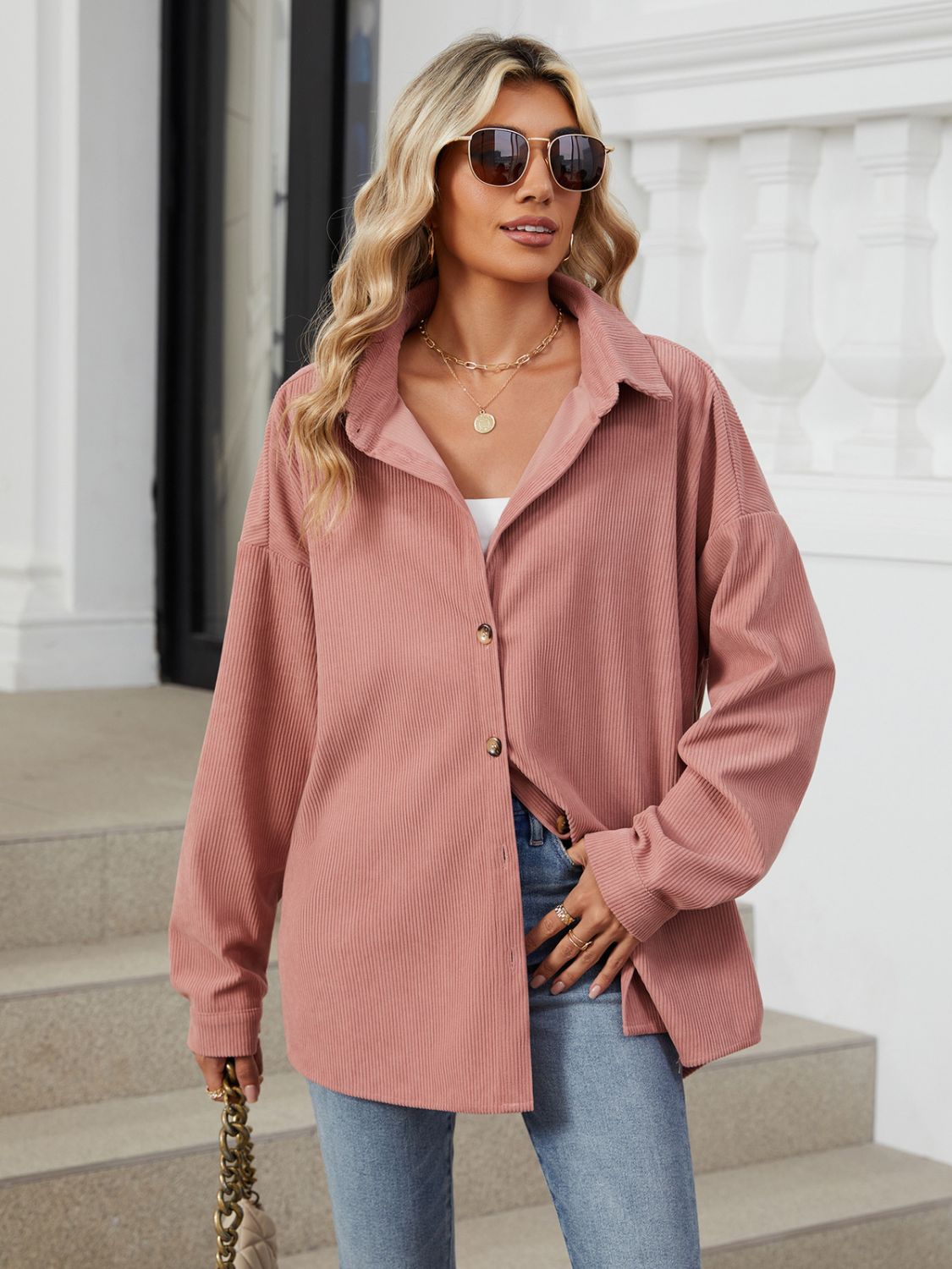 Collared Neck Long Sleeve Dropped Shoulder Shirt - The Goddess Galleries