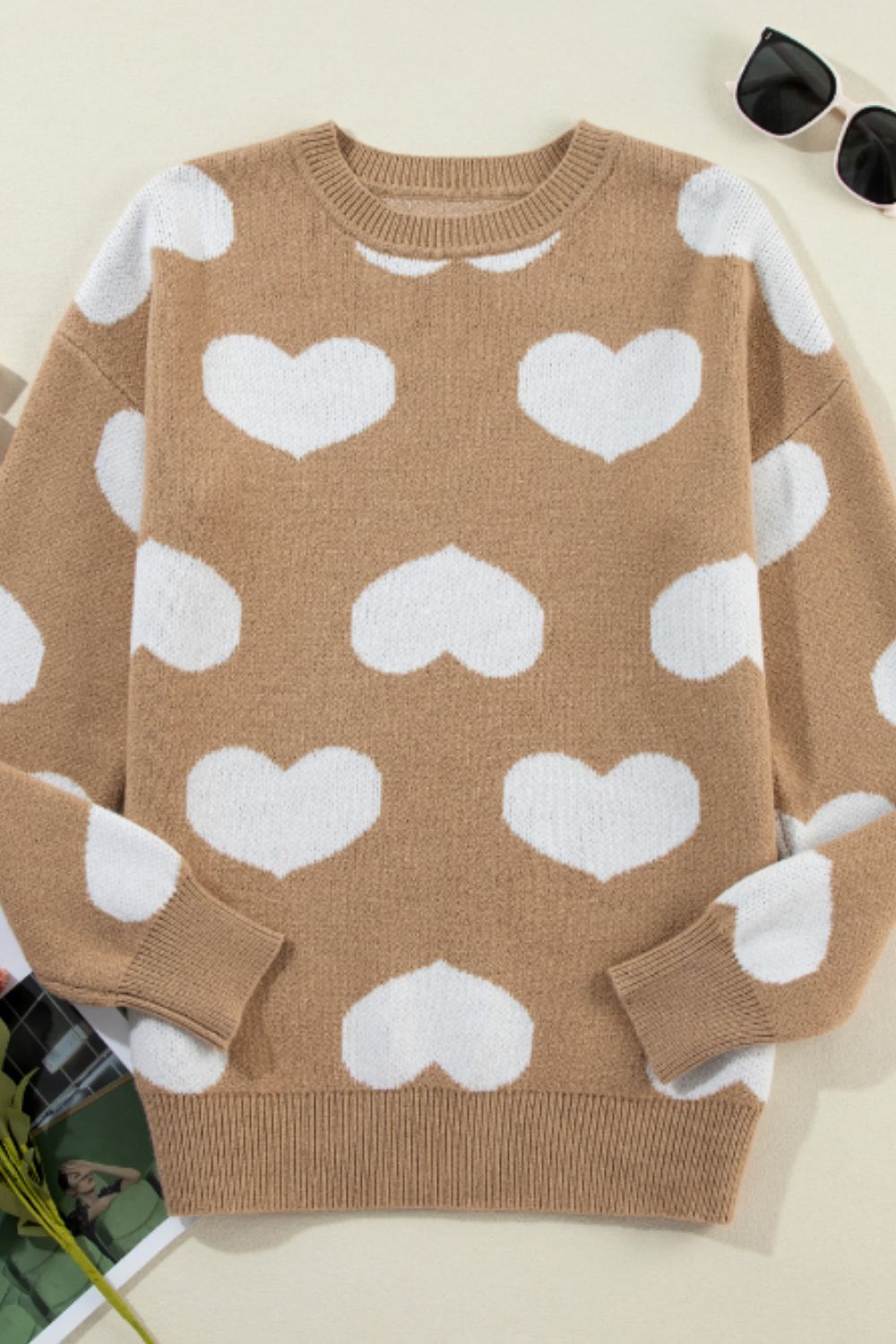 Heart Round Neck Long Sleeve Sweater - The Goddess Galleries