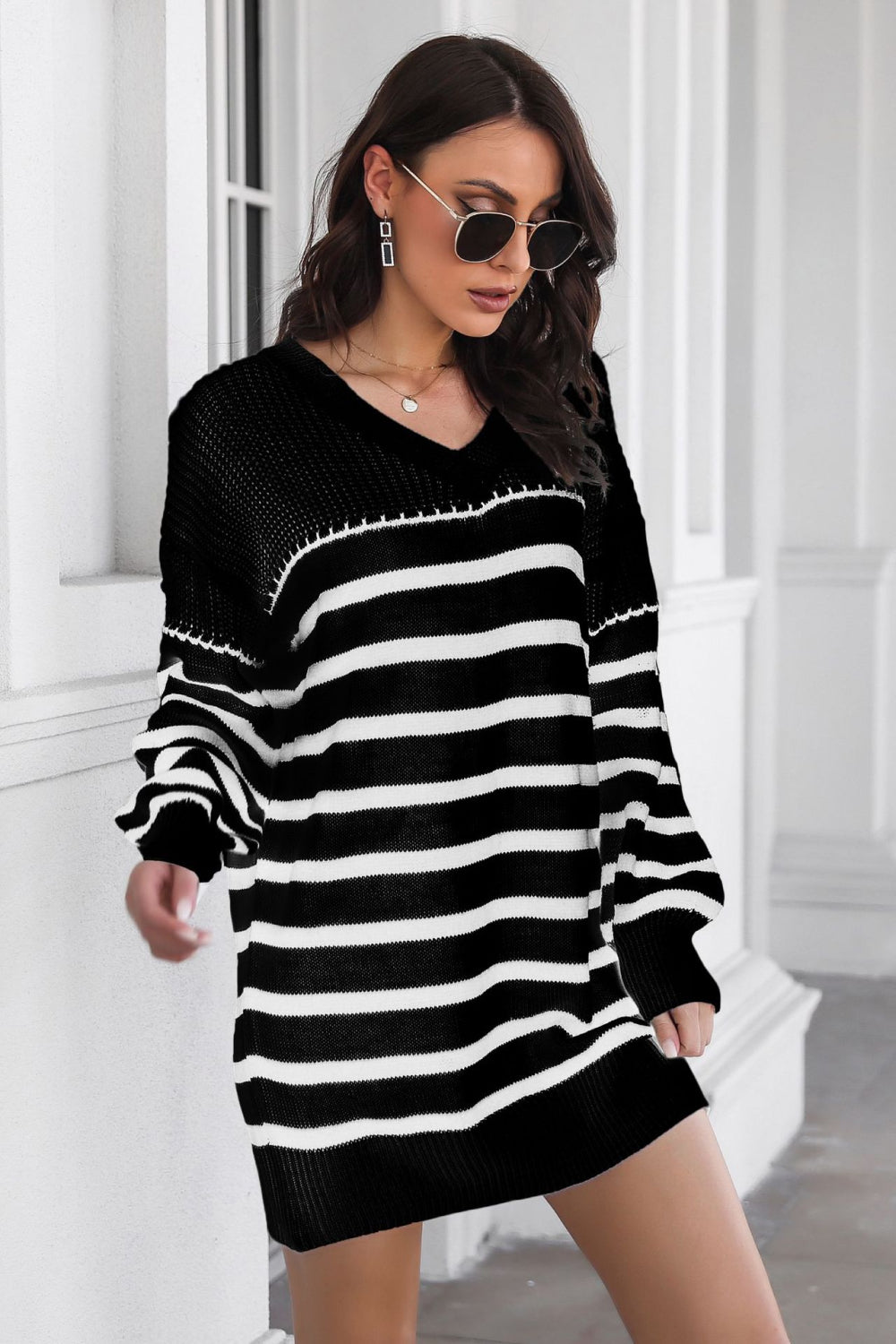 Striped V-Neck Drop Shulder Sweater Dress - The Goddess Galleries