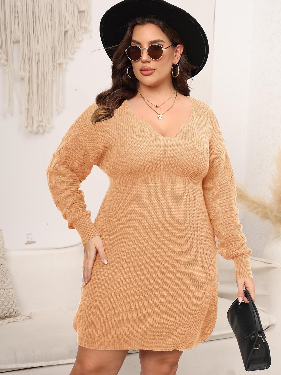Plus Size Dropped Shoulder Long Sleeve Knit Mini Dress - The Goddess Galleries