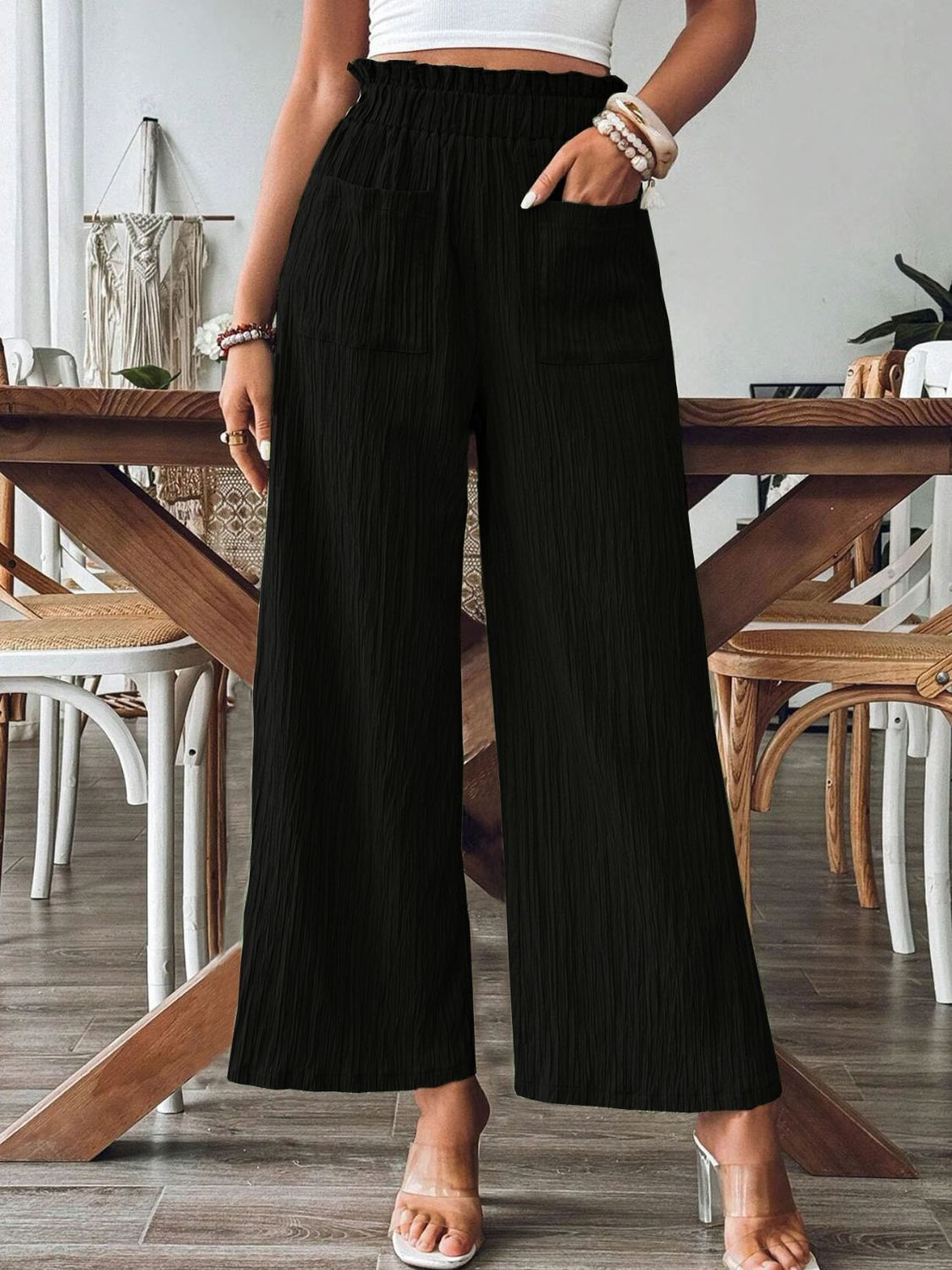 Pocketed Elastic Waist Wide Leg Pants - The Goddess Galleries