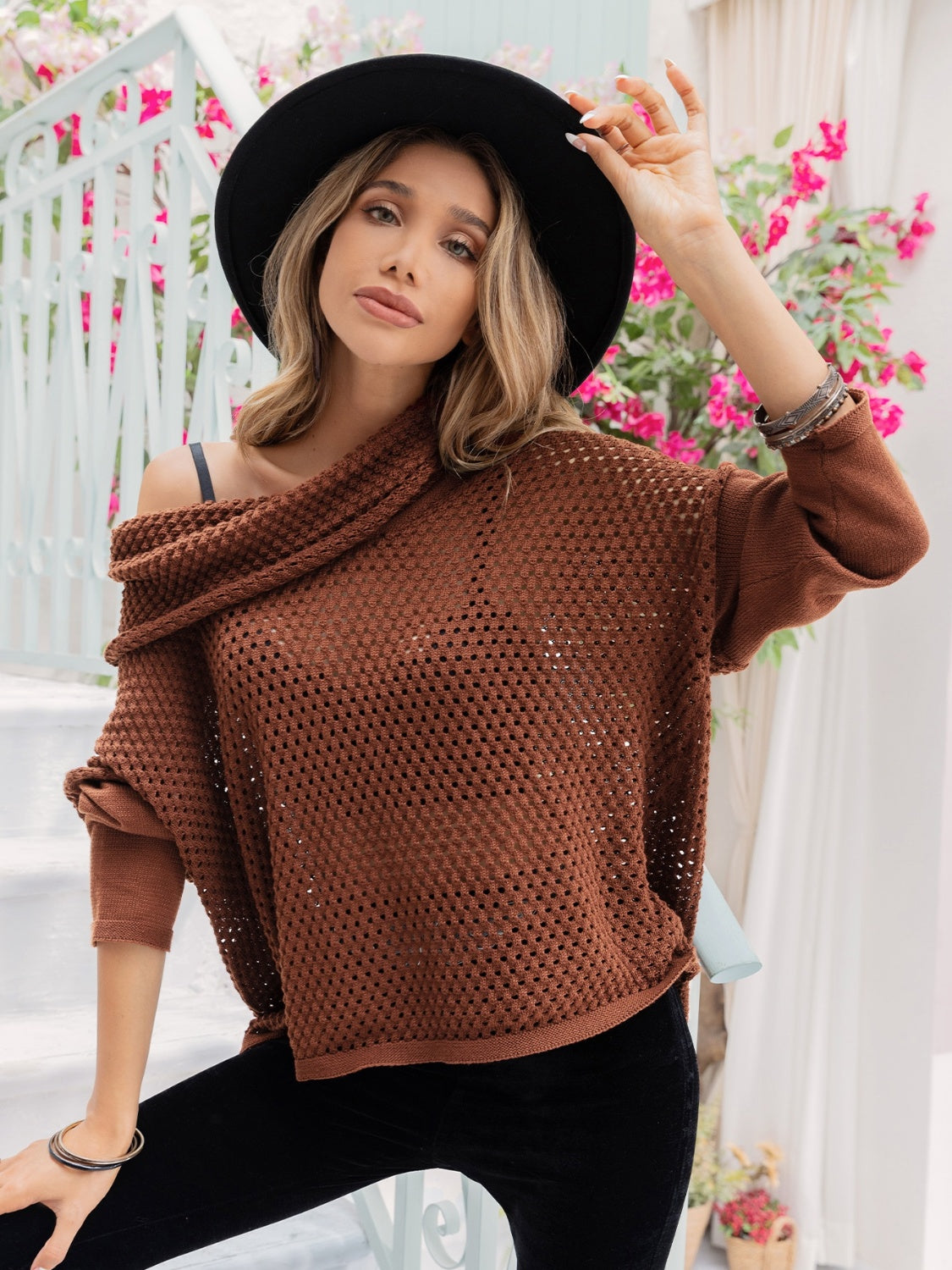 Openwork Mock Neck Dropped Shoulder Sweater - The Goddess Galleries