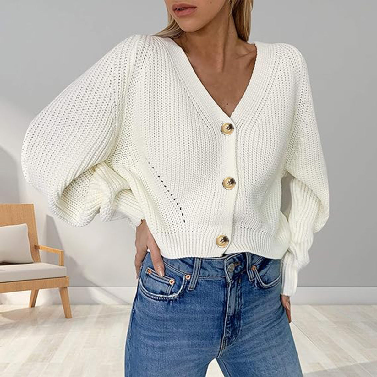 Button Up V-Neck Long Sleeve Cardigan - The Goddess Galleries