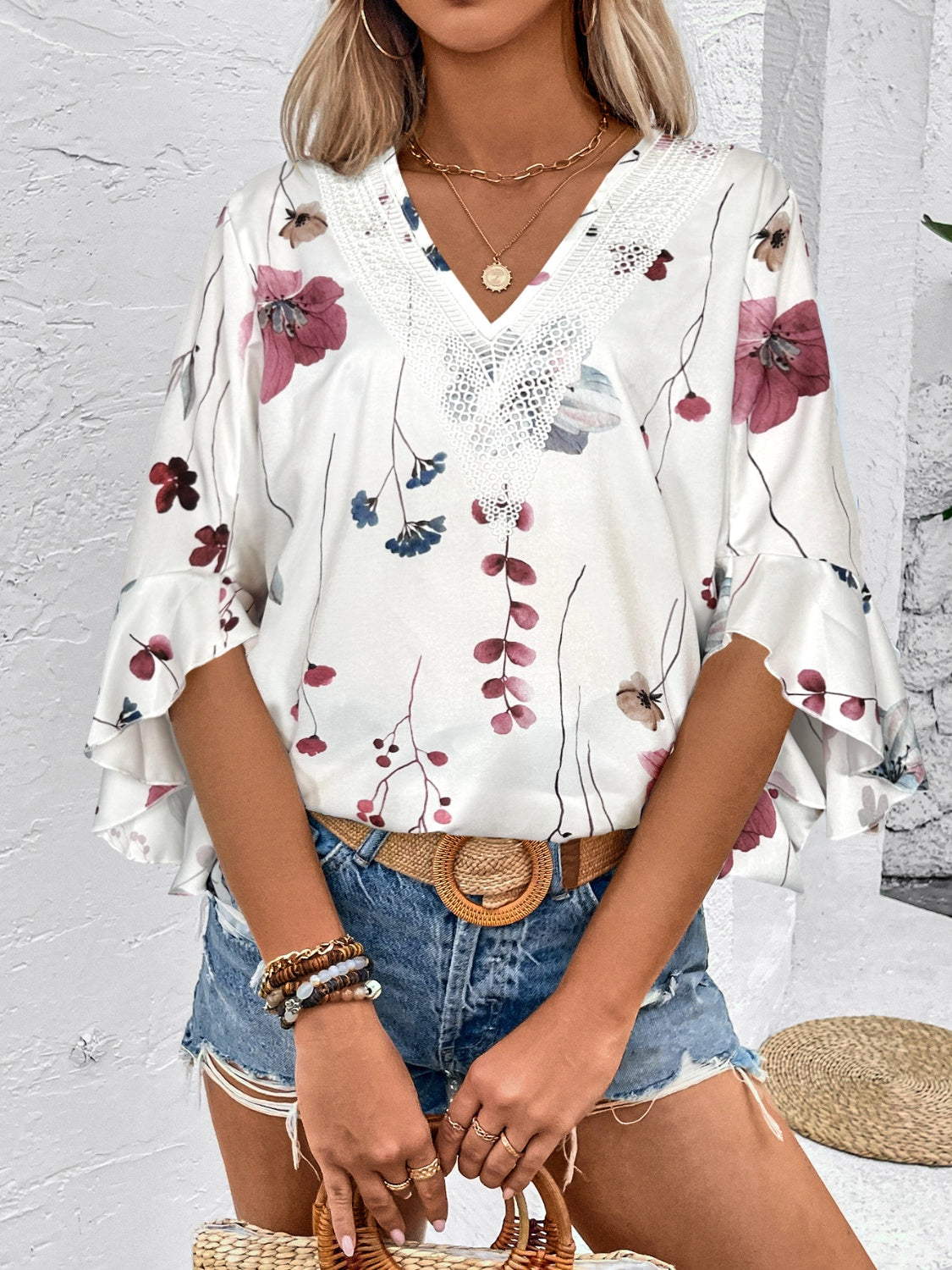 Honey Ruffled Printed V-Neck Half Sleeve Blouse - The Goddess Galleries