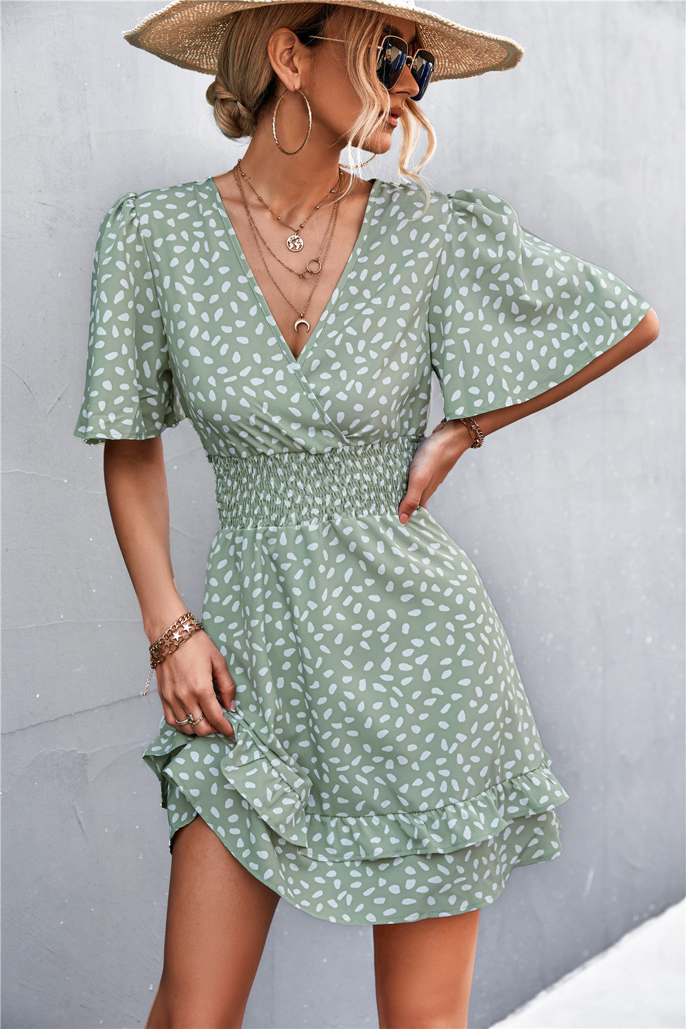 Printed Smocked Waist Layered Surplice Dress - The Goddess Galleries