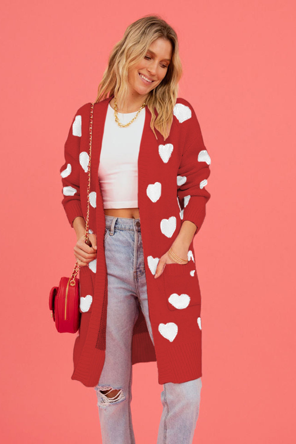 Heart Graphic Open Front Cardigan with Pockets - The Goddess Galleries