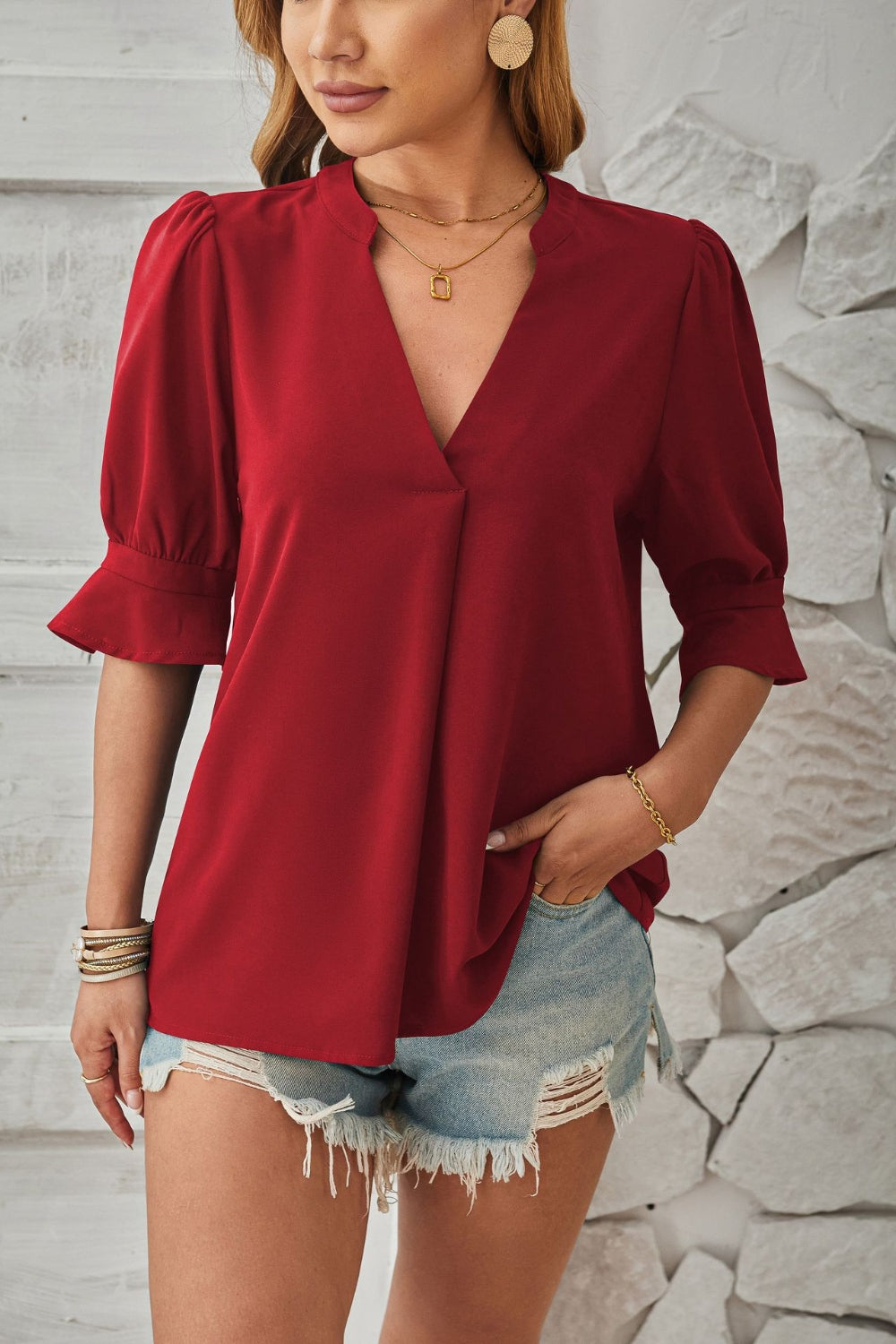 Notched Half Sleeve Blouse - The Goddess Galleries
