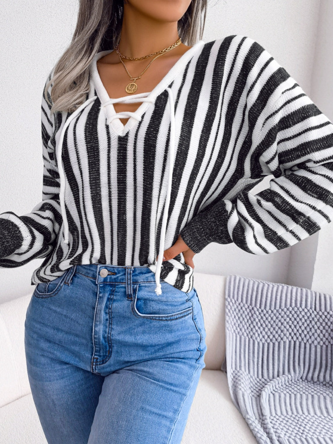 Striped Lace-Up Long Sleeve Sweater - The Goddess Galleries