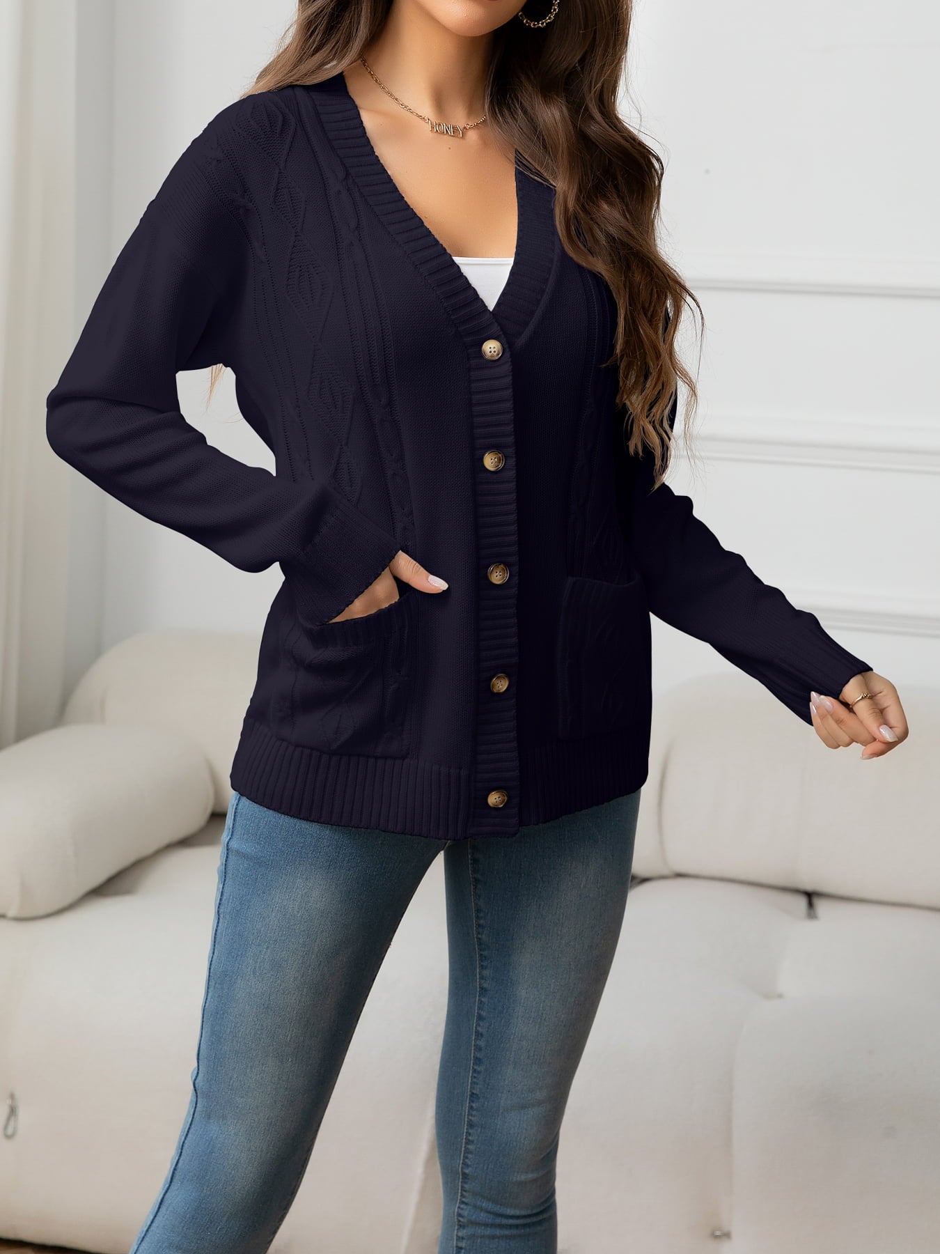 V-Neck Long Sleeve Buttoned Knit Top with Pocket - The Goddess Galleries