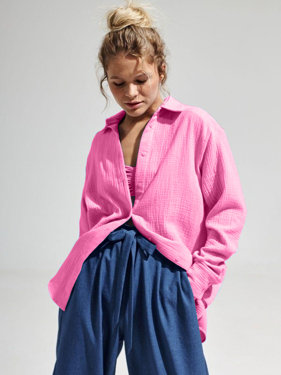 Textured Collared Neck Long Sleeve Shirt - The Goddess Galleries