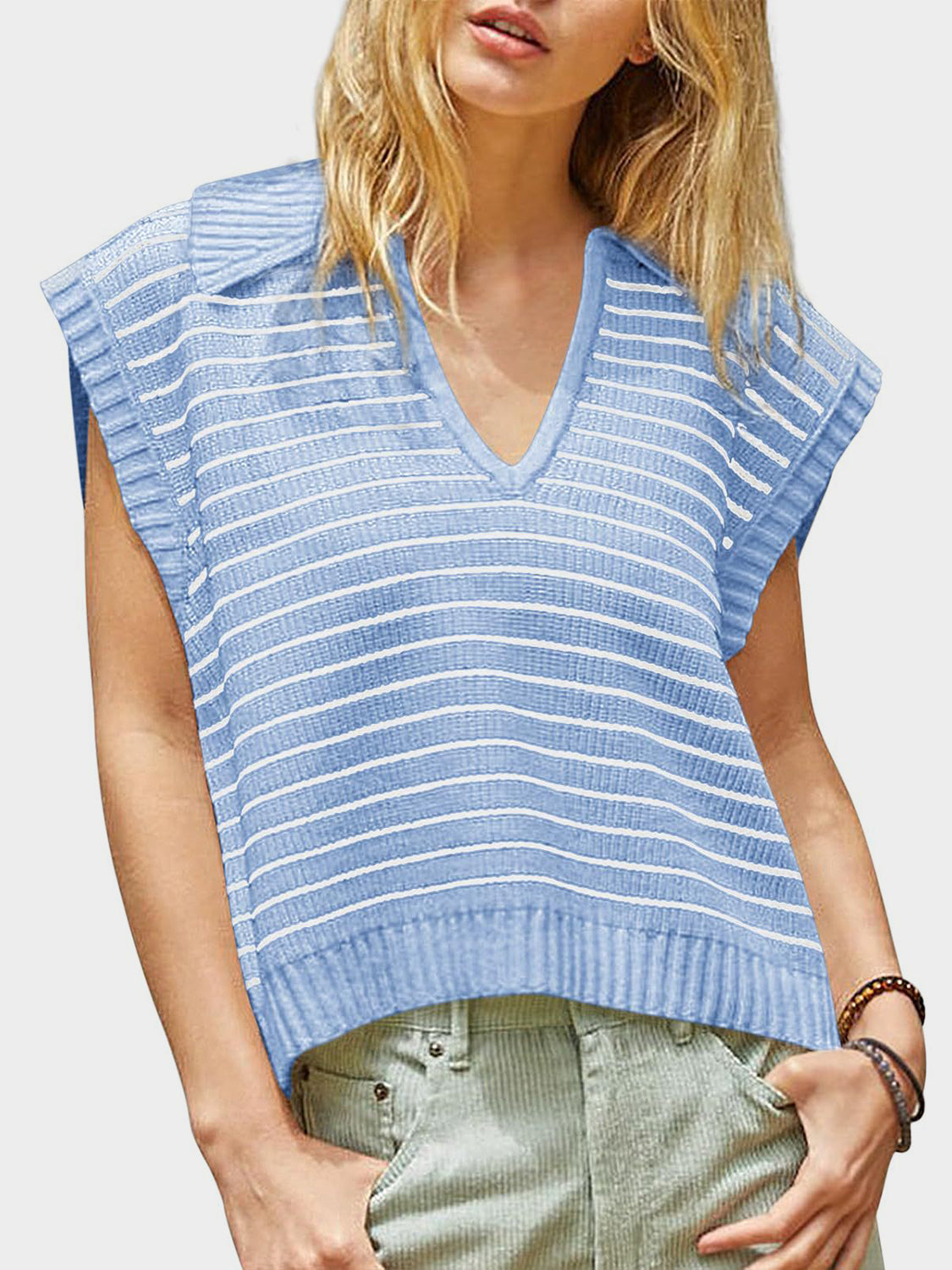 Mandy Collared Neck Striped Sweater Vest - The Goddess Galleries