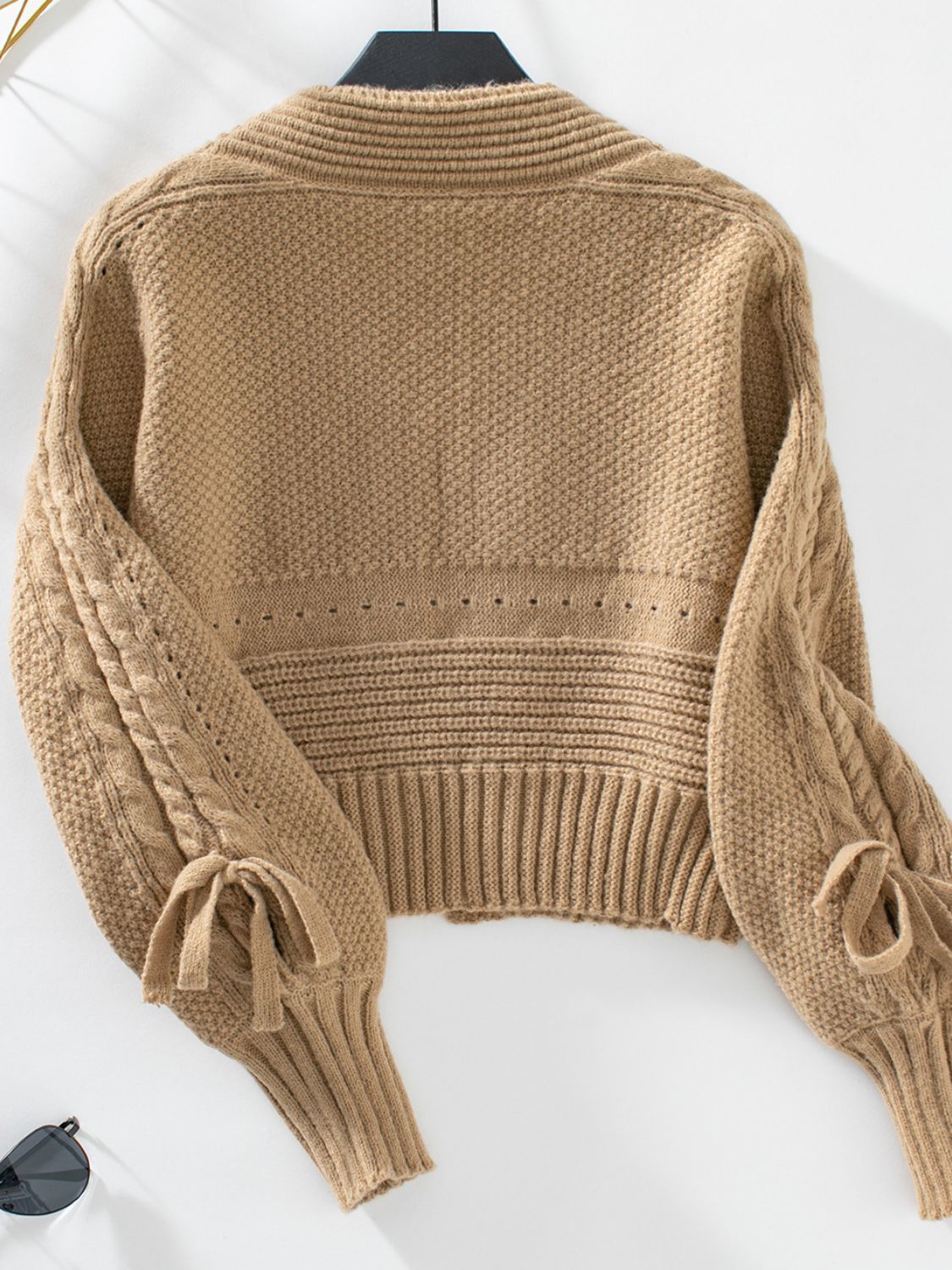 Cable-Knit Tied Open Front Lantern Sleeve Cardigan - The Goddess Galleries