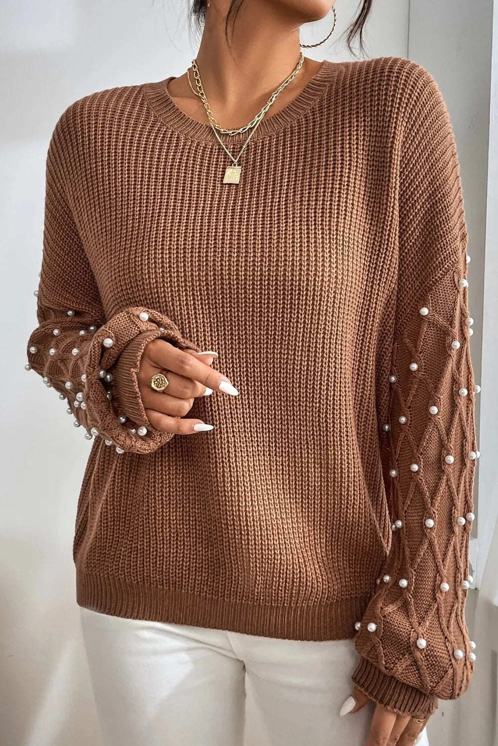 Pearl Detail Round Neck Long Sleeve Sweater - The Goddess Galleries