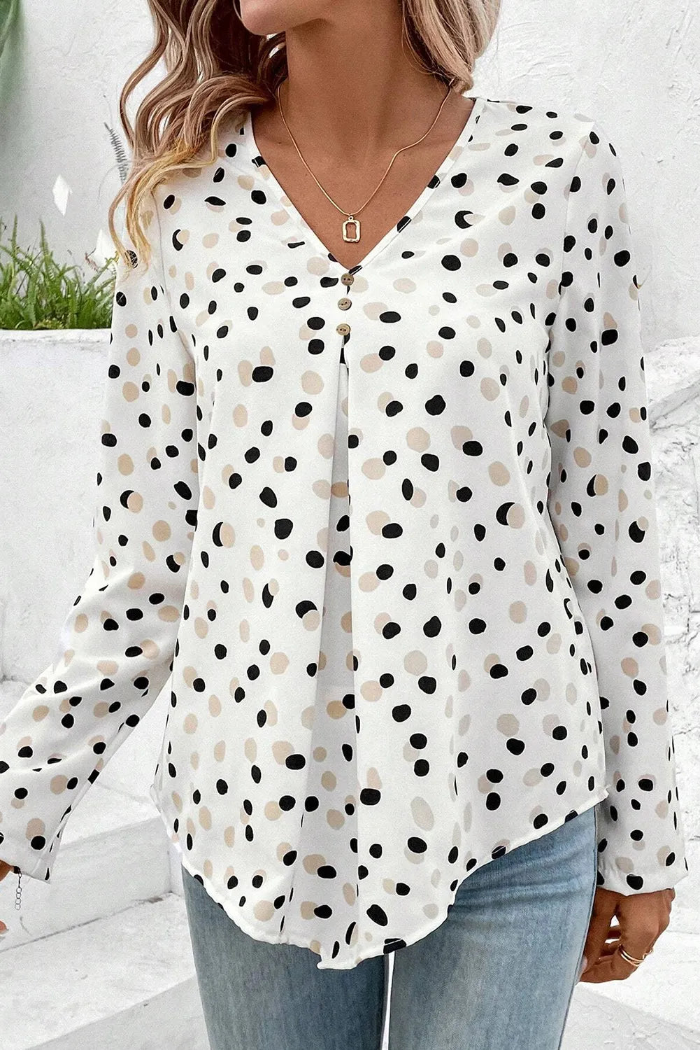 Printed V-Neck Long Sleeve Blouse - The Goddess Galleries