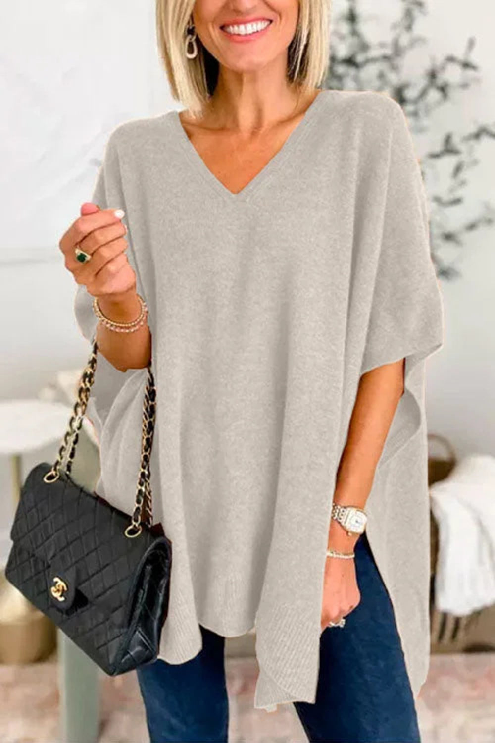 Slit V-Neck Half Sleeve Knit Top - The Goddess Galleries