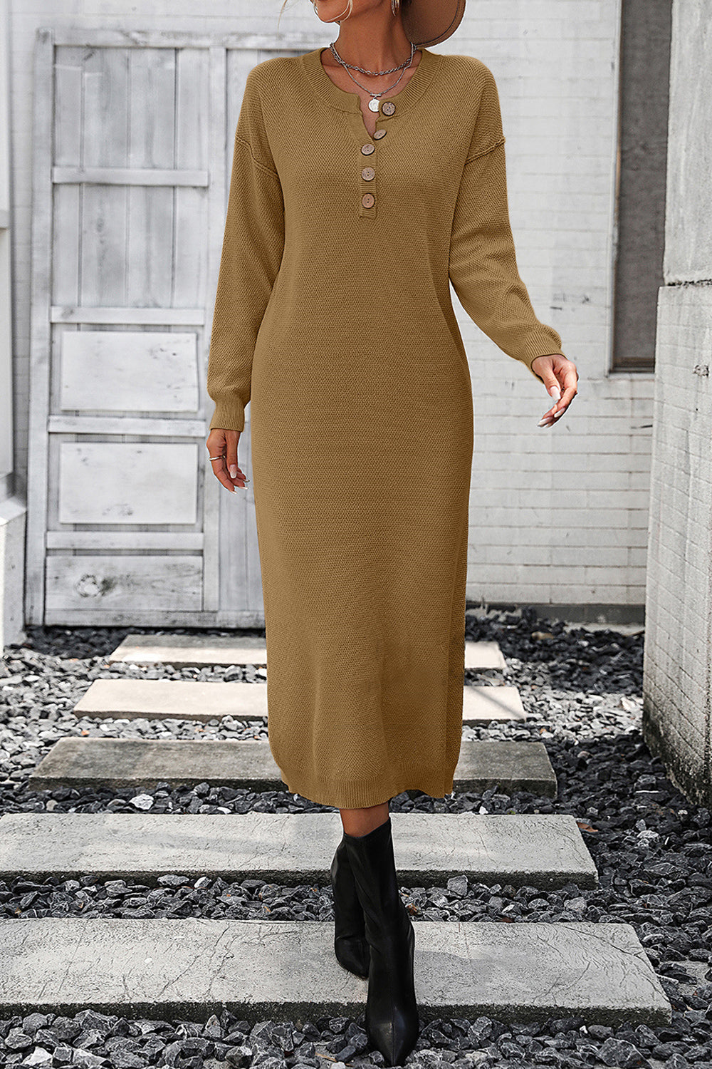 Decorative Button Notched Dropped Shoulder Sweater Dress - The Goddess Galleries