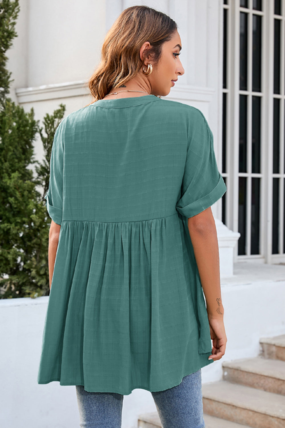 Ruched Notched Short Sleeve Blouse - The Goddess Galleries