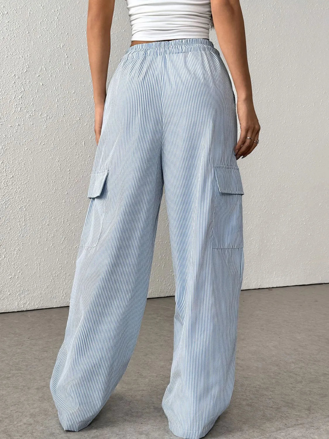 Drawstring Striped Wide Leg Cargo Pants - The Goddess Galleries