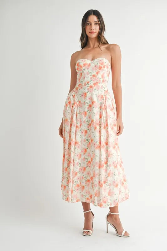 MABLE Sweetheart Neckline Floral Printed Midi Dress - The Goddess Galleries