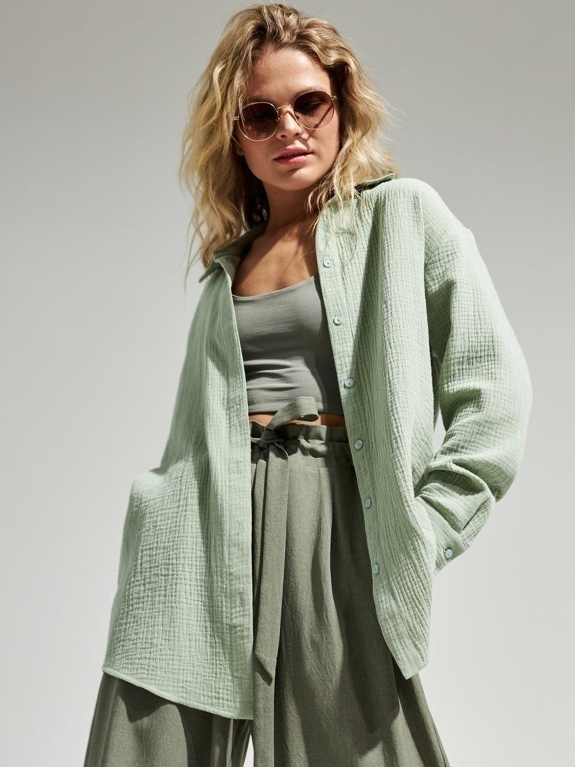 Textured Collared Neck Long Sleeve Shirt - The Goddess Galleries