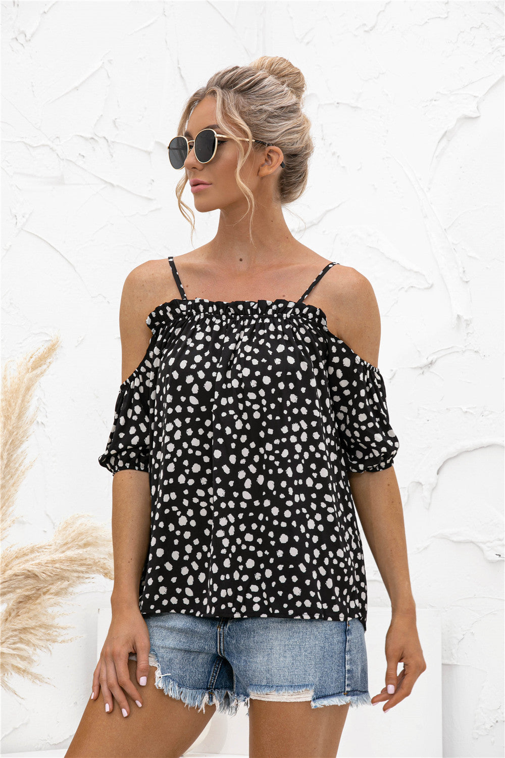 Printed Cold-Shoulder Frill Trim Blouse - The Goddess Galleries