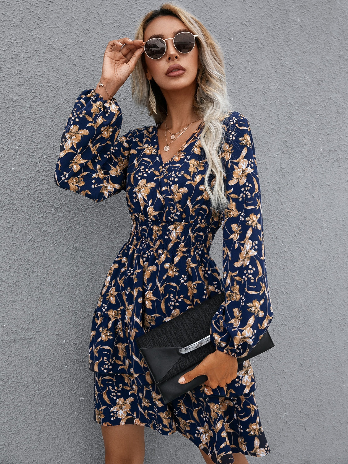 Ivy Lane Floral Layered Surplice Balloon Sleeve Dress - The Goddess Galleries