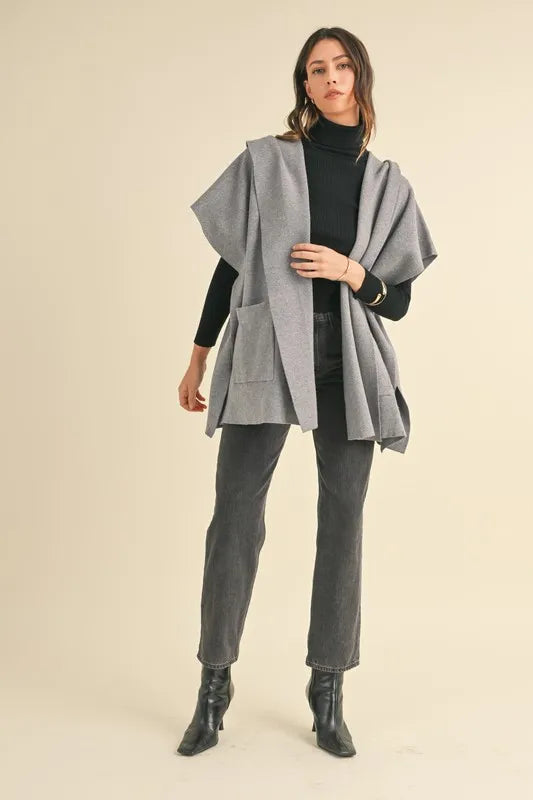 MABLE Knit Open Front Hooded Cardigan With Pocket - The Goddess Galleries