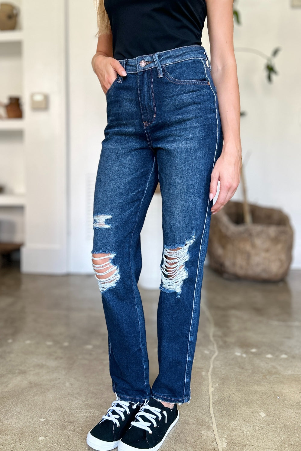 Judy Blue Full Size High Waist Rigid Magic Heavy Destroy Straight Jeans - The Goddess Galleries