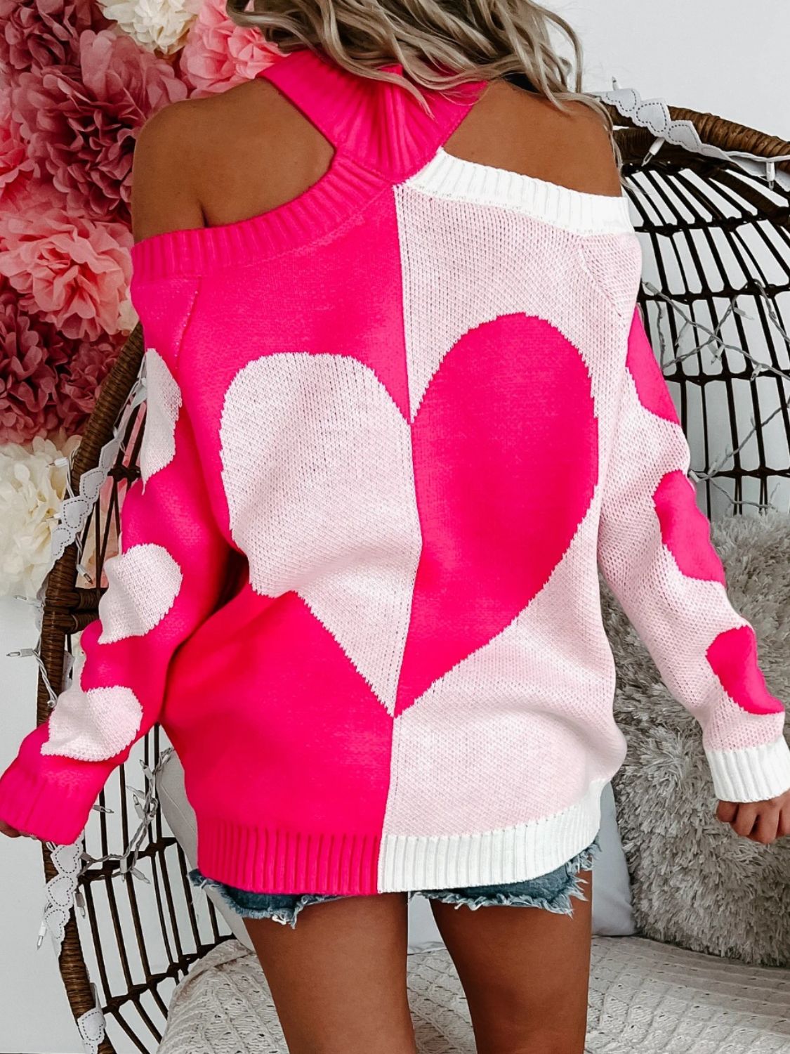 Valentine's Day Heart Turtleneck Cold Shoulder Sweater - The Goddess Galleries