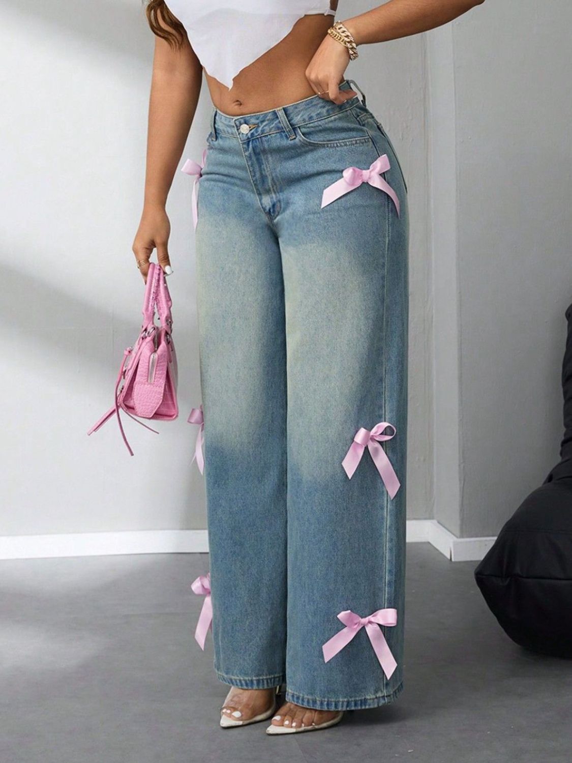 Bow High Rise Wide Leg Jeans - The Goddess Galleries