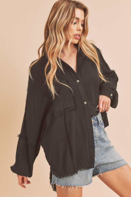Aemi + Co Raw Edge Exposed Seam Collared Neck Long Sleeve Shirt - The Goddess Galleries