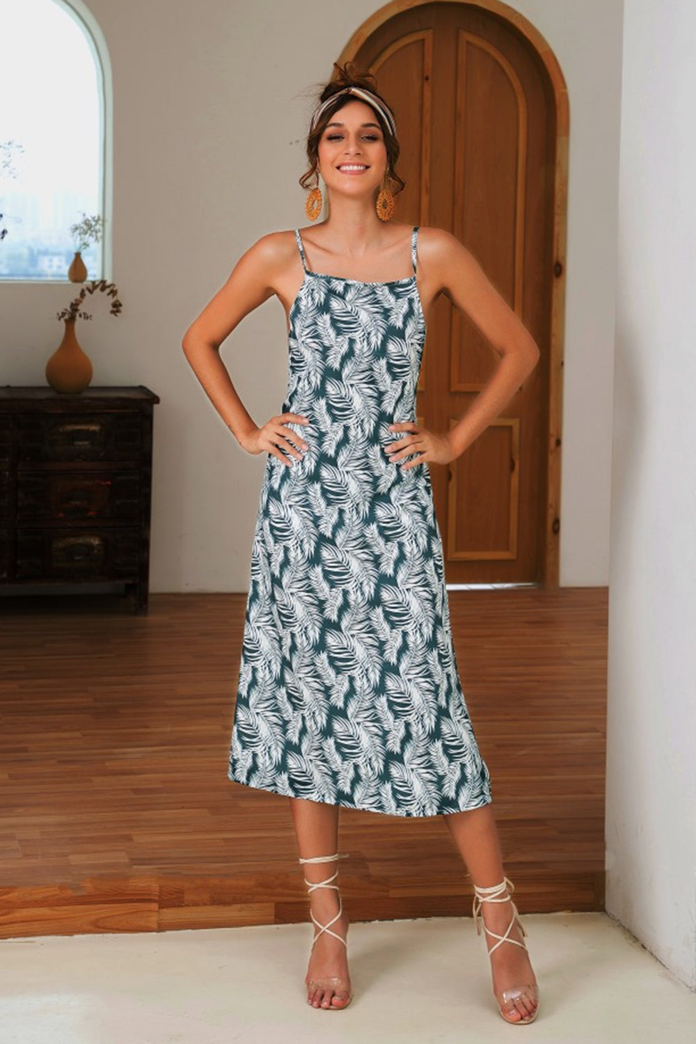 Slit Crisscross Printed Sleeveless Cami Dress - The Goddess Galleries