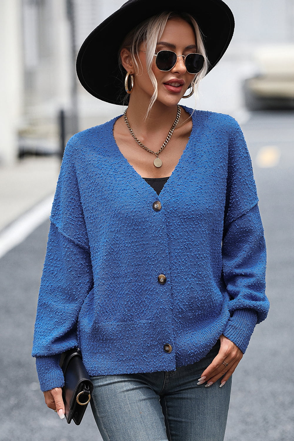 Button-Up Dropped Shoulder Cardigan - The Goddess Galleries