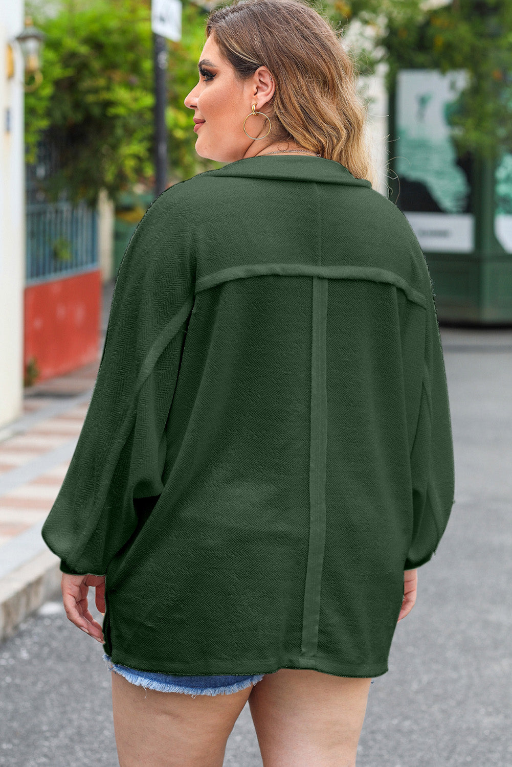 Plus Size Half Button Collared Neck Long Sleeve Blouse - The Goddess Galleries