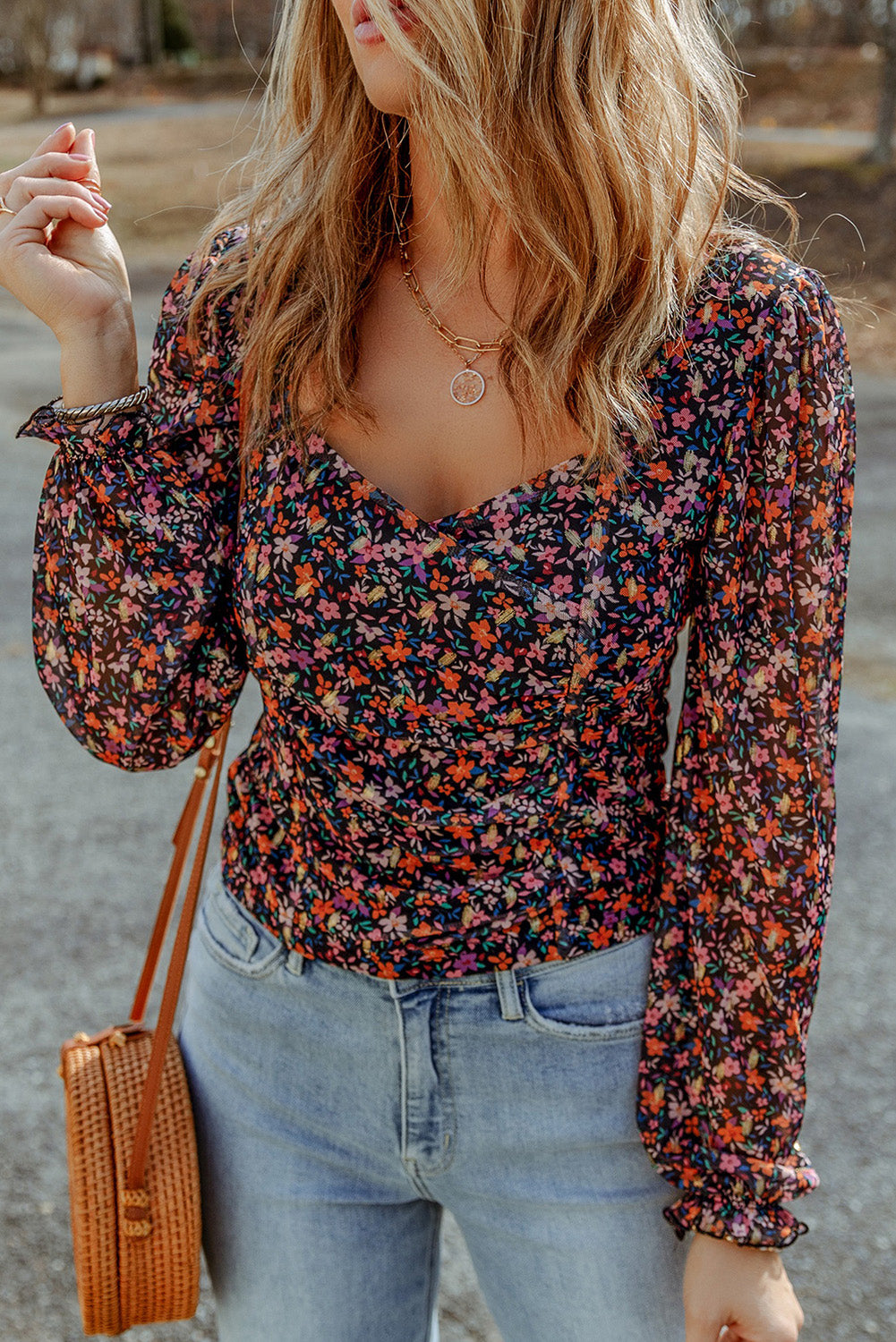 Floral Long Flounce Sleeve Blouse - The Goddess Galleries