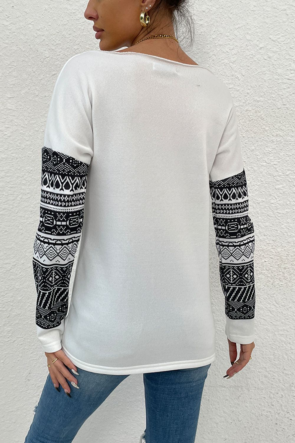 Shiny Boat Neck Long Printed Sleeve Blouse - The Goddess Galleries