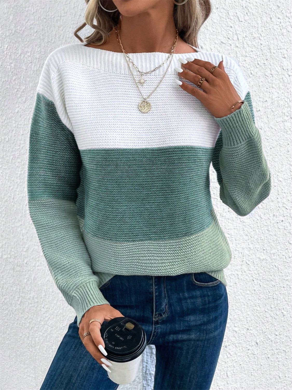 Color Block Drop Shoulder Long Sleeve Sweater - The Goddess Galleries