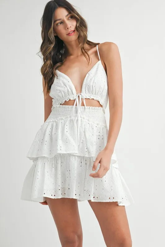 MABLE Lace Eyelet Ruffle Mini Dress With Front Cutout - The Goddess Galleries
