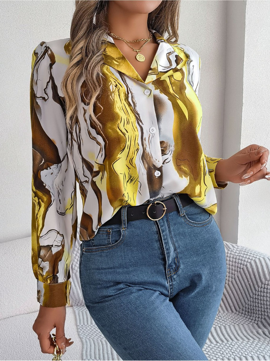 Printed Button Up Long Sleeve Shirt - The Goddess Galleries