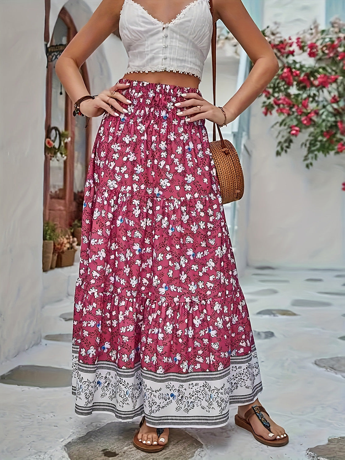 Full Size Tiered Printed Elastic Waist Skirt - The Goddess Galleries
