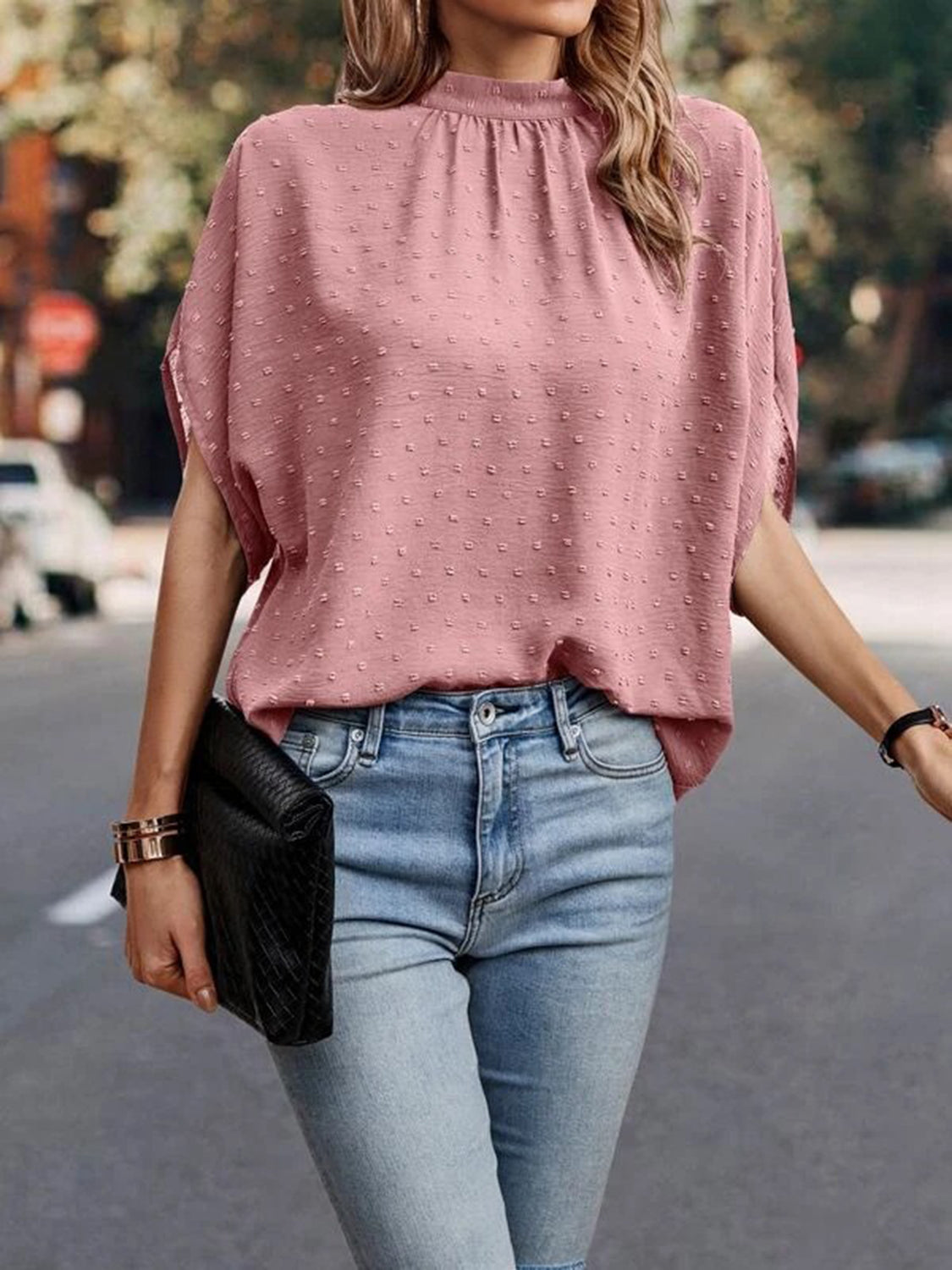 Swiss Dot Mock Neck Half Sleeve Blouse - The Goddess Galleries