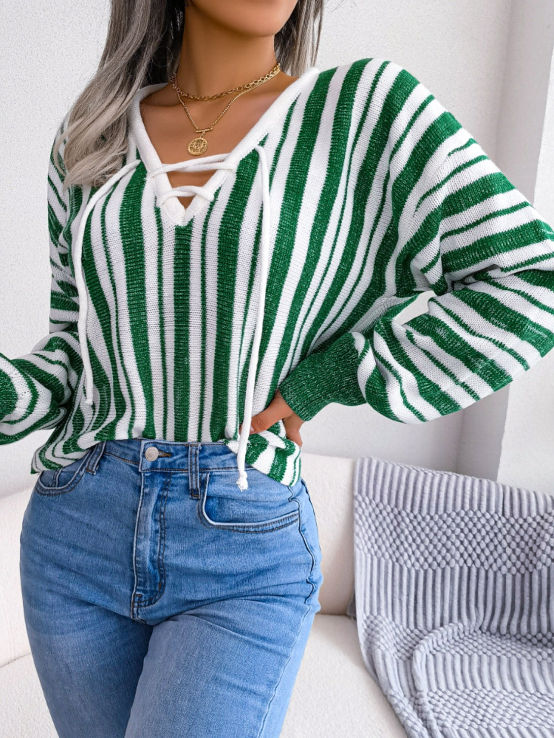 Striped Lace-Up Long Sleeve Sweater - The Goddess Galleries