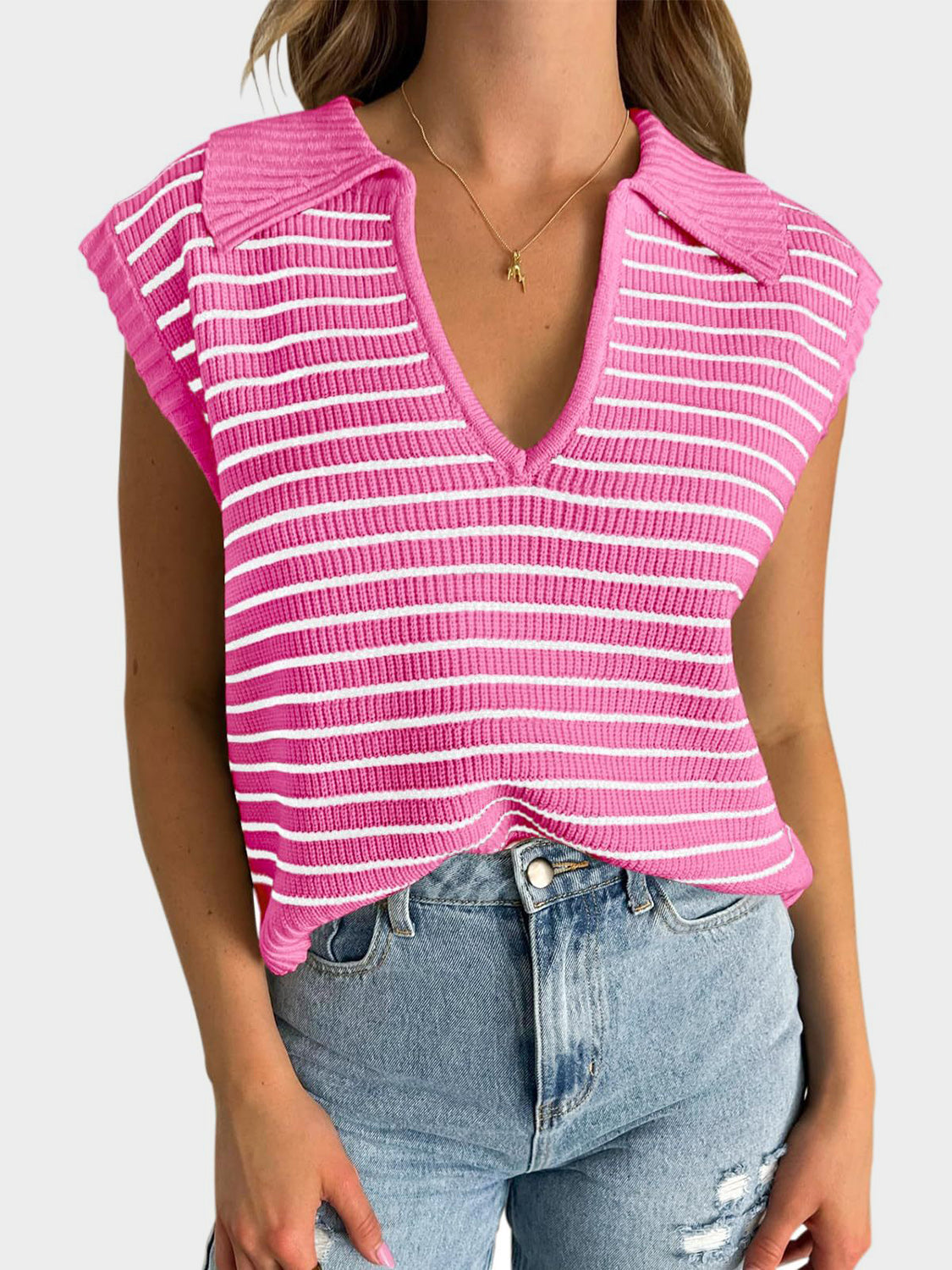 Mandy Collared Neck Striped Sweater Vest - The Goddess Galleries